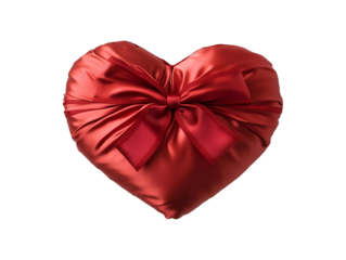 Heart-shaped red pillow with ribbon bow isolated on transparent or white background, png