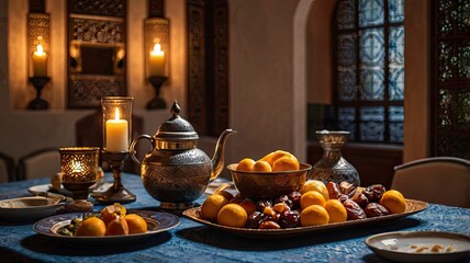 A beautiful table setting for an Iftar meal, featuring traditional dishes, dates, fruits, and a teapot with cups. The warm