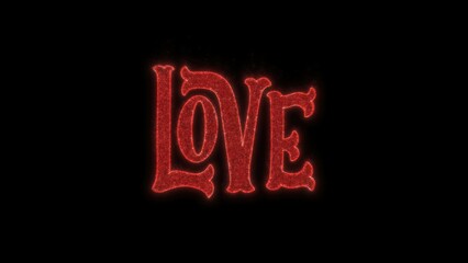 Dazzling "Love" inscription constructed from sparkling red dots, glowing intensely on a black backdrop, symbolizing romance and connection.