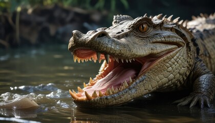 Fototapeta premium A caiman's sharp teeth are visible in its open jaws as it prepares to eat its freshly caught fish, hunger, outdoor photography, reptile
