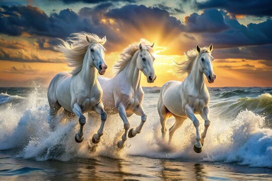 Majestic White Horses Galloping Through Ocean Waves - Dramatic Coastal Scene