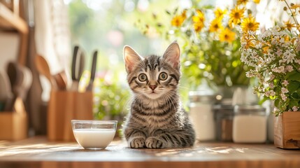 Adorable Kitten with Milk in a Bright Flower-filled Kitchen Scene