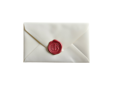 Sealed white envelope with red wax stamp isolated on transparent or white background, png