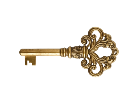 Antique gold ornate key isolated on transparent or white background, png