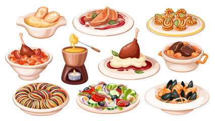 French cuisine, restaurant and home menu cartoon set. Boeuf bourguignon and duck confit, cassoulet and foie gras, bouillabaisse, fondue. French food mascots, cartoon collection vector illustration