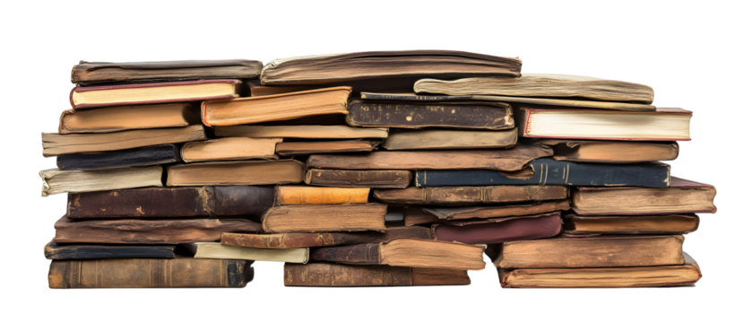 A pile of old books stacked haphazardly, with visible spine details. Isolated on White Background, clipping path  - 