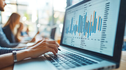 Person analyzing data on a laptop screen showing bar graphs in a collaborative workspace with blurred colleagues in the background