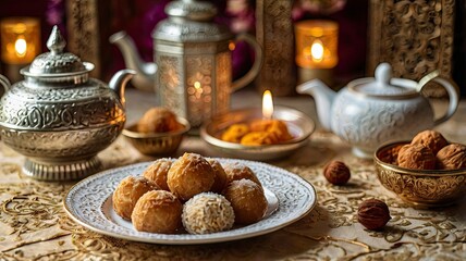 A close-up of a plate of beautifully arranged Eid desserts, such as maamoul, baklava, and coconut balls, with a teapot and decorative lanterns in the background. The setting is bright and inviting