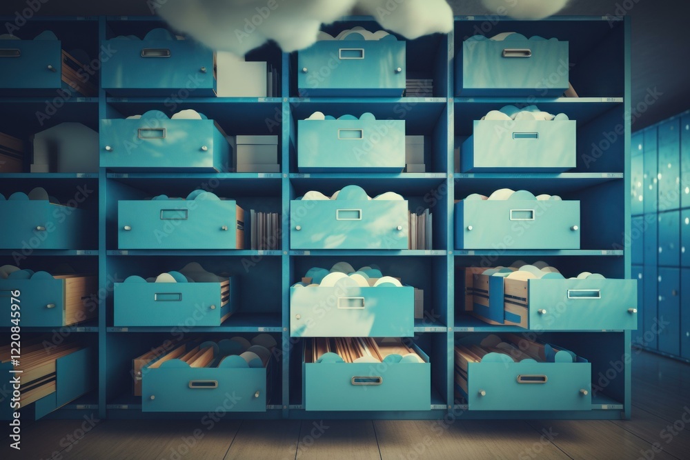 Poster cloud computing storage, data is stored in drawers with clouds inside reflecting in the drawers