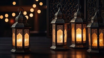 A collection of ornate lanterns (fanous) glowing with warm light, surrounded by crescent moon and star decorations. The backdrop is dark, creating a festive yet peaceful Ramadan ambiance