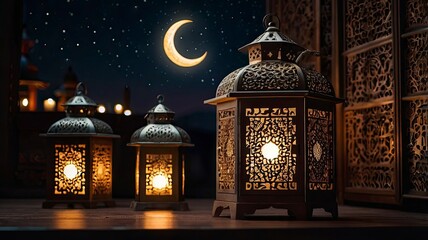 A collection of ornate lanterns (fanous) glowing with warm light, surrounded by crescent moon and star decorations. The backdrop is dark, creating a festive yet peaceful Ramadan ambiance