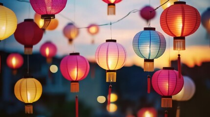 Traditional Chinese lanterns in authentic Asian aesthetics. Festive backdrop for the Latern Festival, celebrating with lanterns aglow.