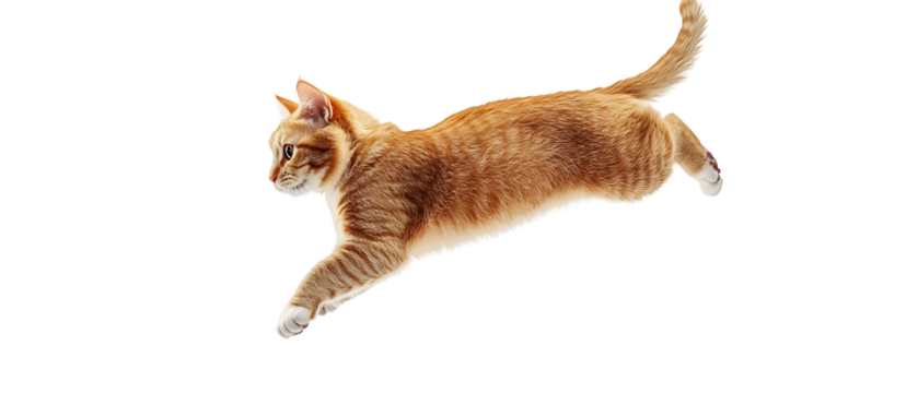 A playful shorthair cat mid-jump with its body extended and fur details visible. Isolated on White Background, clipping path  - 