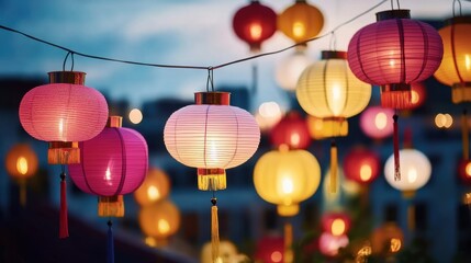 Traditional Chinese lanterns in authentic Asian aesthetics. Festive backdrop for the Latern Festival, celebrating with lanterns aglow.