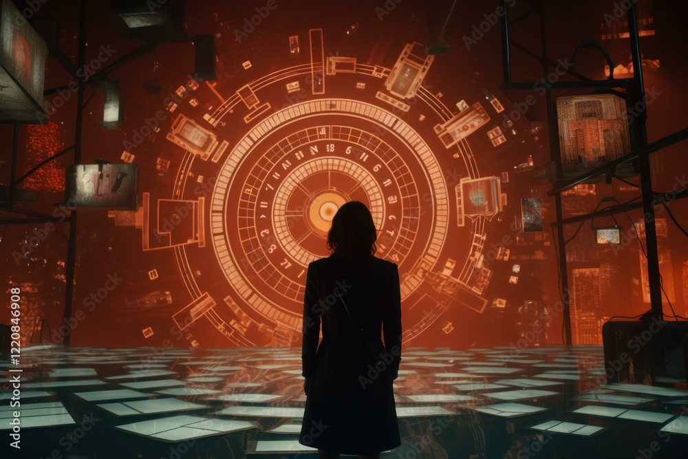Poster scientist analyzing complex data visualized on a large circular screen in a high tech control room