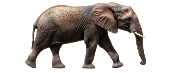 A realistic elephant standing with visible details in its trunk, ears, and body. Isolated on White Background, clipping path  - 