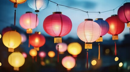 Traditional Chinese lanterns in authentic Asian aesthetics. Festive backdrop for the Latern Festival, celebrating with lanterns aglow.