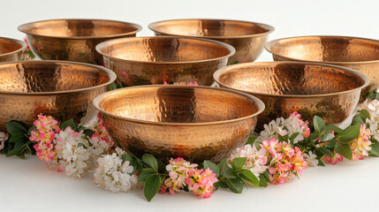 Fototapeta premium Golden Bowls With Floral Garlands On A Clean White Isolated Background