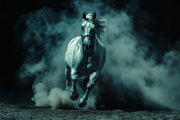 Fototapeta premium A majestic white horse gallops through a cloud of dust, The dramatic lighting and motion convey power and dynamism. Horse abstract art or poster