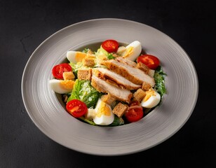 top view of a caesar salad featuring chicken tomatoes eggs cheese and croutons with room for text
