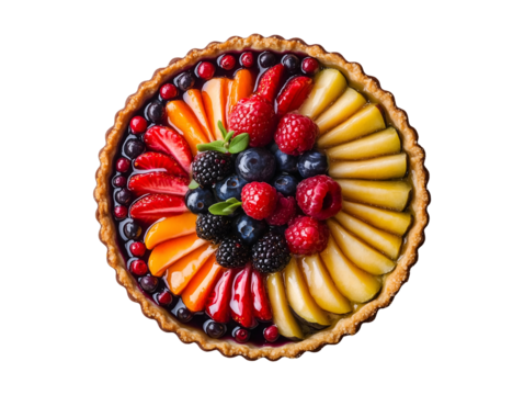 Fruit tart with colorful mixed berries and fruits isolated on transparent or white background, png