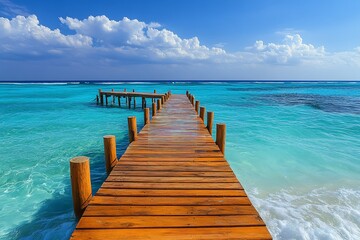 Fototapeta premium A peaceful wooden dock extending over crystal-clear blue water under a sunny sky, evoking a sense of freedom and tranquility