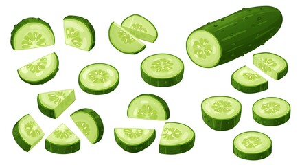 Sliced chopped cucumber cartoon vector set. fresh pickle piece organic vegetable agriculture vegan food salad nutrition plant, isolated illustration on white background 