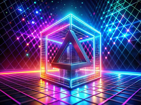 Abstract Neon Isometric Hexagon Cube A Monogram: 3D Geometric Landscape Background
