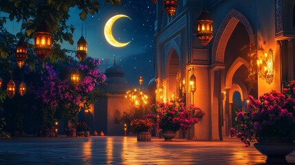 Fototapeta premium Night scene of a moonlit courtyard with lanterns, flowers, and a building; ideal for Ramadan or Islamic celebrations