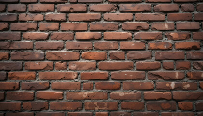 Fototapeta premium Rustic distressed red brick wall texture with dark mortar lines, showcasing an aged and weathered surface for architectural backdrops or grunge overlays.