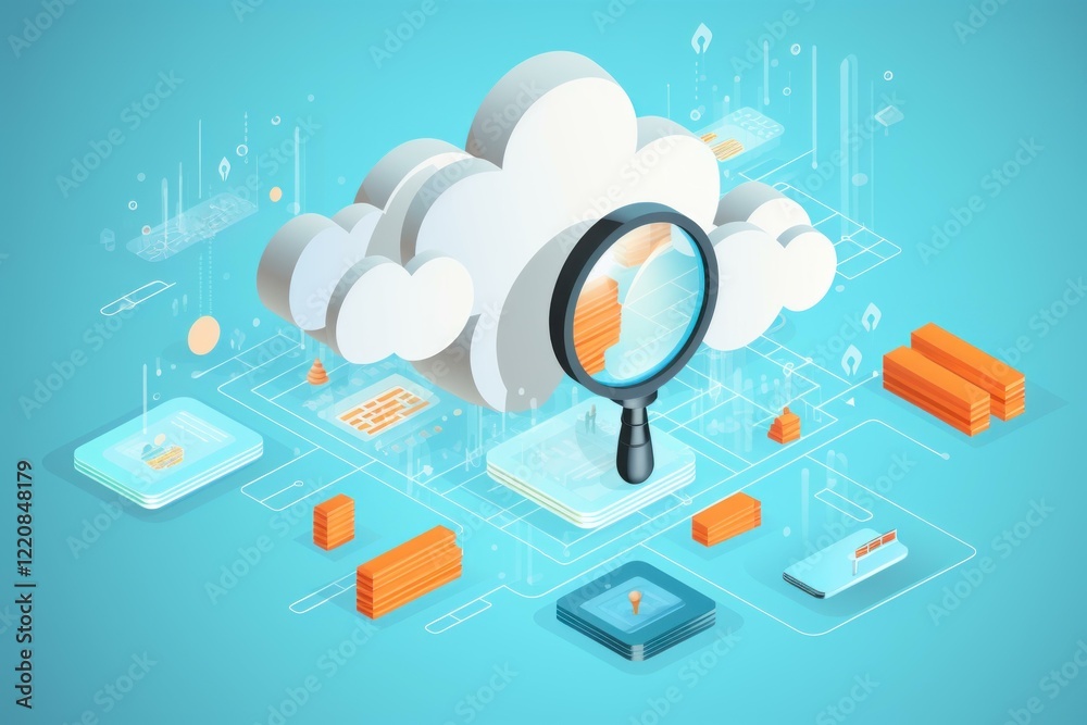 Poster cloud computing resources being analyzed under magnifying glass, showcasing data storage, servers, a