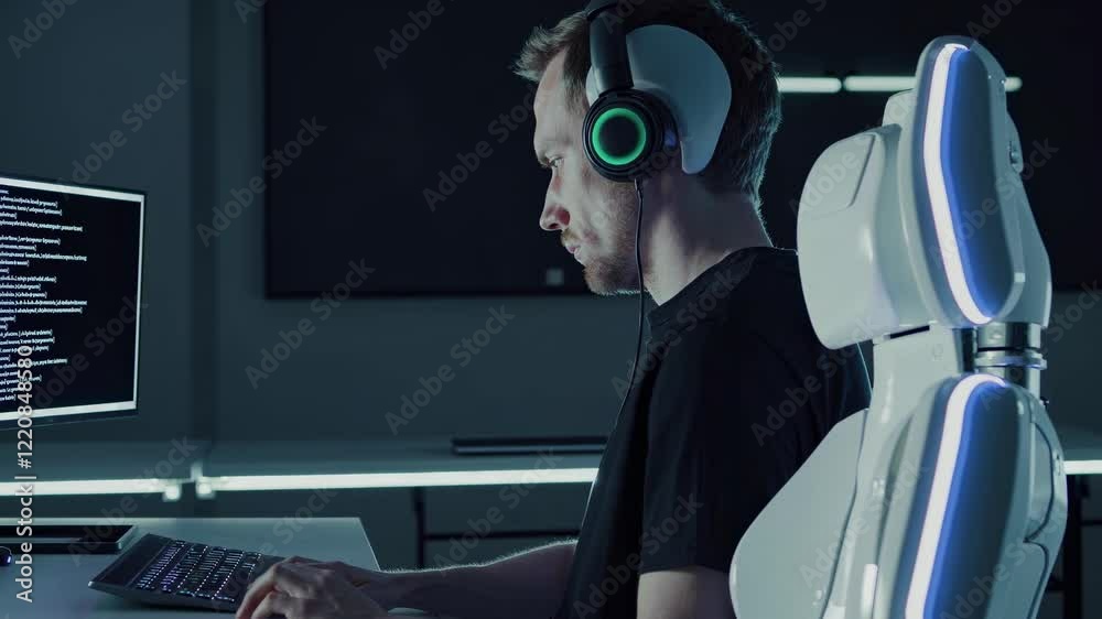 Poster coding session in a modern workspace with dual monitors and immersive sound