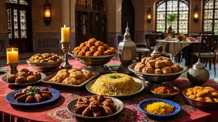 A vibrant spread of traditional Eid dishes, including biryani, kebabs, dates, and sweets like baklava and cookies, arranged on a large dining table