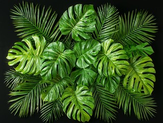 Naklejka premium Lush Green Tropical Leaves Composition on Dark Background