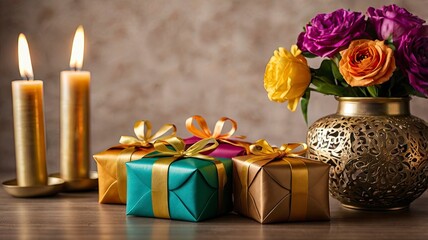 Beautifully wrapped gift boxes and colorful 'Eidi' envelopes (money packets) placed on a table adorned with festive decor, lanterns, and flowers, symbolizing the tradition of giving during Eid