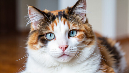 Fototapeta premium Playful calico cat with bright blue eyes, domestic companionship