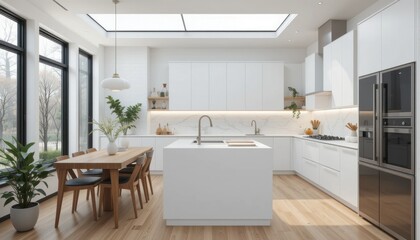 Fototapeta premium Modern bright kitchen interior with skylight and wooden elements