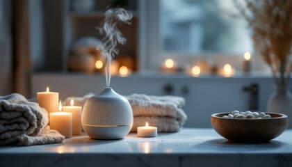 Cozy candlelit bathroom with aromatic diffuser and towels