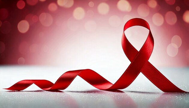 A vibrant red silk ribbon against a light background with flickering lights in soft blur, ideal for campaigns promoting heart disease awareness and supporting various health, safety, and social causes