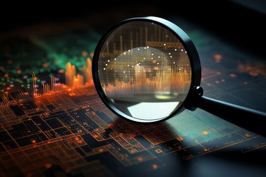 Magnifying glass reveals graph on circuit board, symbolizing data analysis, digital trends, and technological advancements