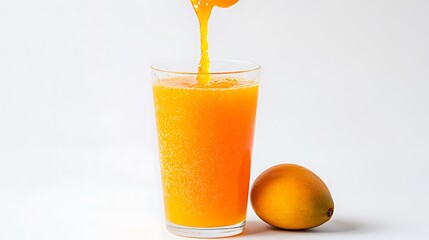The rich, thick mango juice in a tall glass contrasts beautifully with whole ripe mangoes on a white background, capturing the essence of tropical refreshment.
