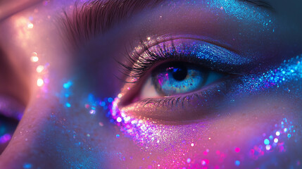 Eyes adorned with shimmering holographic eyeshadow that shifts between blue and purple, with a subtle silver liner
