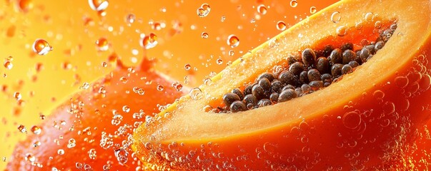Fresh Papaya Slice in Sparkling Water with Bubbles and Orange Background