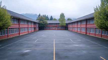 Fototapeta premium A large outdoor basketball court surrounded by red brick buildings with trees on either side and a foggy mountainous landscape in the background.