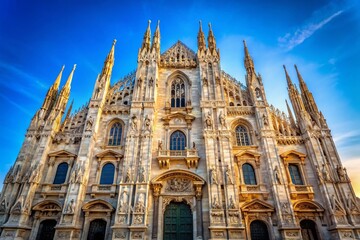 Fototapeta premium Milan Cathedral, Italy: Stunning Low-Angle View of Gothic Facade Against a Vibrant Blue Sky