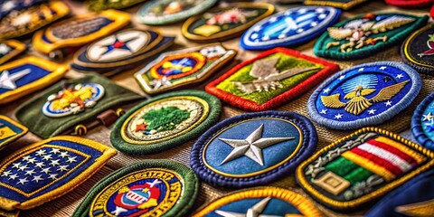Fototapeta premium Military Patch Badges Collection: Close-up with Bokeh Background