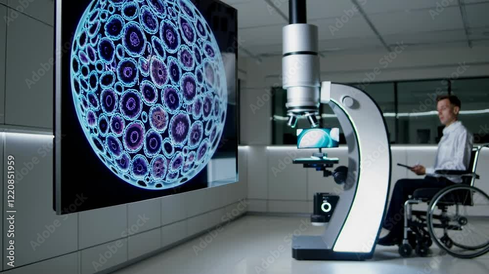 Poster exploring advanced microscopy in a high-tech laboratory setting