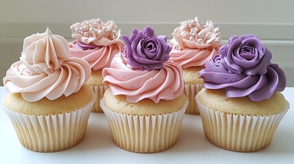 Cupcakes with Pink and Purple Frosting and Decorations.