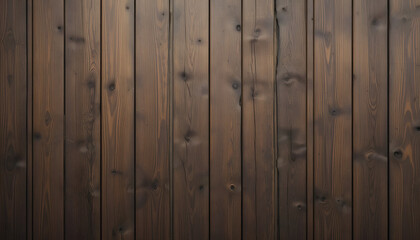 Fototapeta premium Dark brown stained vertical wooden planks with visible grain and knots, creating a rustic textured background for website UI or social media branding.