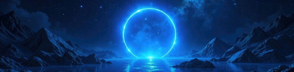 Fototapeta premium A glowing blue portal opens into an infinite blue void, cosmic, mystery, infinite
